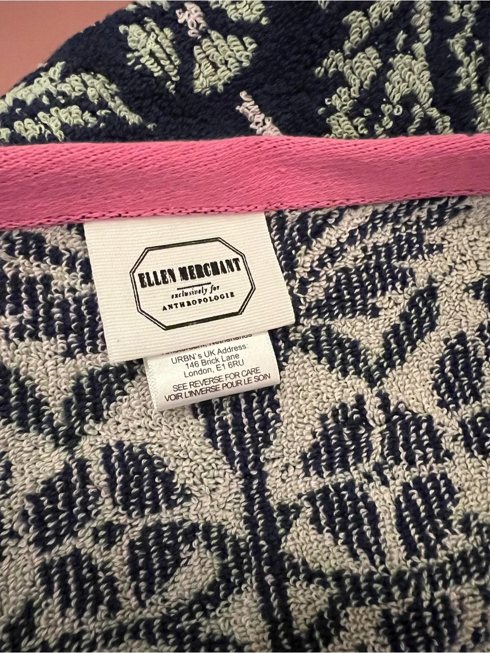Anthropologie Ellen Merchant Bath Towel, Floral Navy and Pink